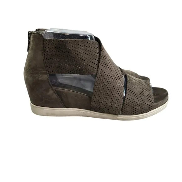 Eileen Fisher The Voice taupe perforated criss cross wedge sandals