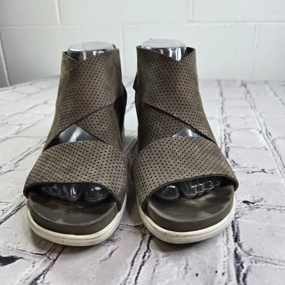 Eileen Fisher The Voice taupe perforated criss cross wedge sandals