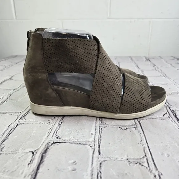 Eileen Fisher The Voice taupe perforated criss cross wedge sandals