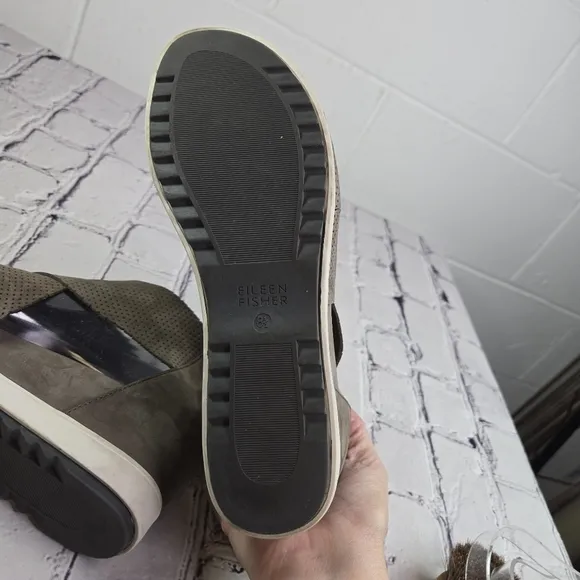 Eileen Fisher The Voice taupe perforated criss cross wedge sandals