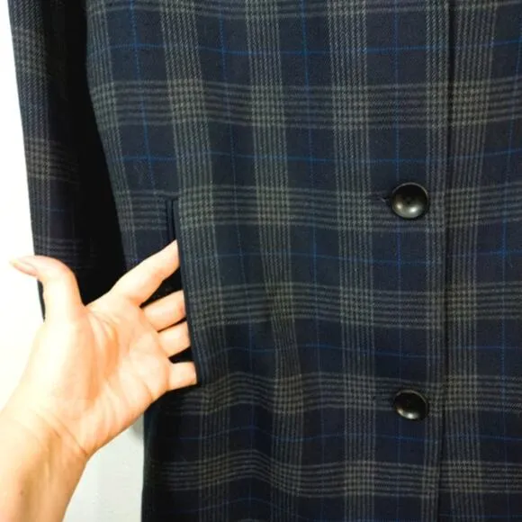 Elizabeth and James plaid grey blue wool blend coat M