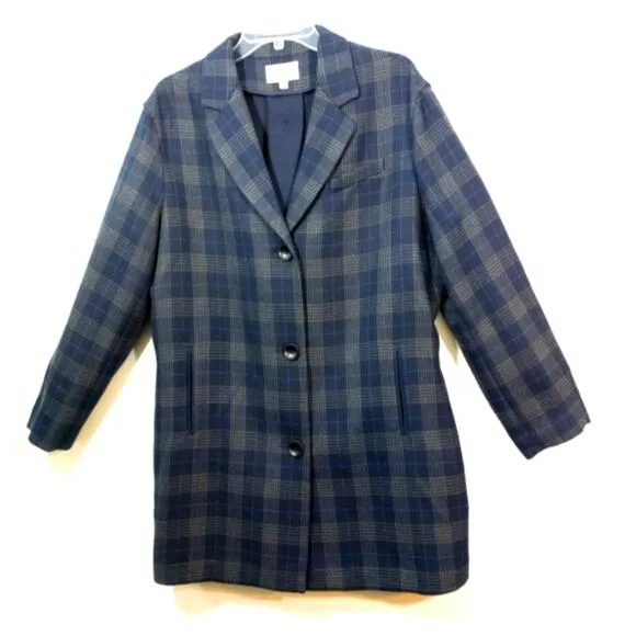 Elizabeth and James plaid grey blue wool blend coat M