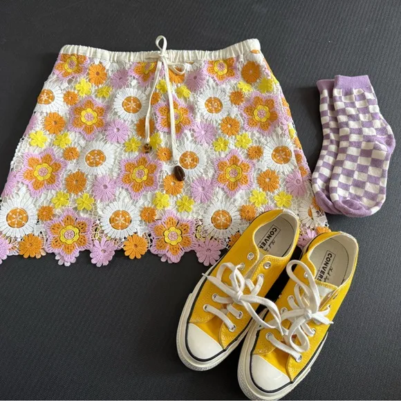 Enid - Wednesday skirt costumeFloral Crochet Skirt with Yellow Converse Sneakers