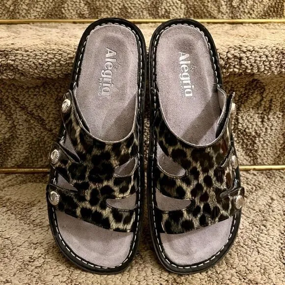 EUC Women's Alegria Dinah Black Gray Leopard Cheetah Print Sandals 40  9.5 - 10
