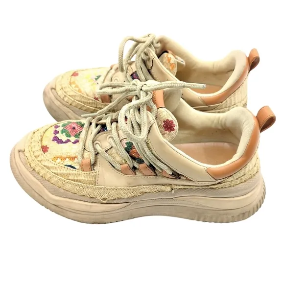 Farm Rio Crochet Bloom Print Platform Sneakers Women 9 Chunky Straw Canvas Boho