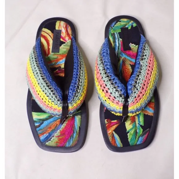 🆕FARM RIO Puffy Crochet Flip Flop Sandal Shoes Black Banana 8