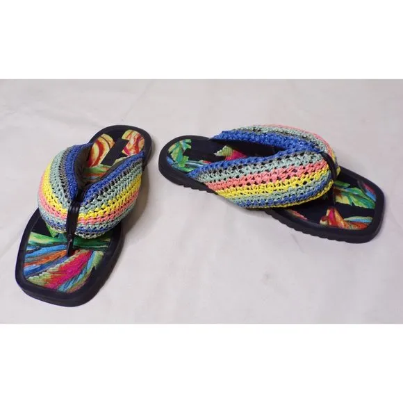 🆕FARM RIO Puffy Crochet Flip Flop Sandal Shoes Black Banana 8