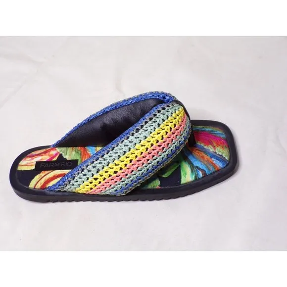 🆕FARM RIO Puffy Crochet Flip Flop Sandal Shoes Black Banana 8