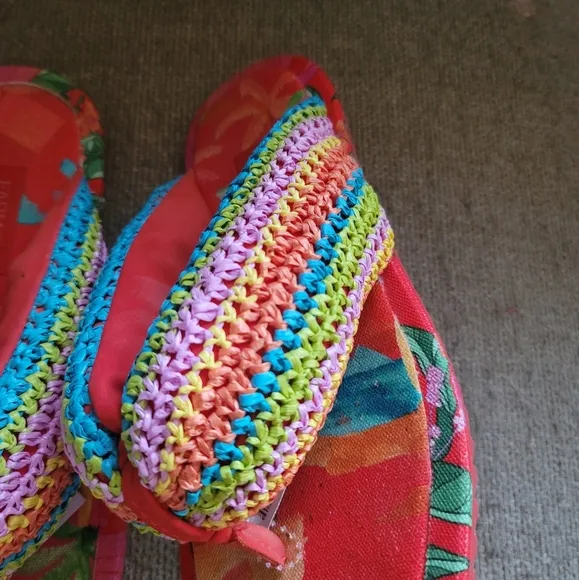 Farm Rio Shoes New Farm Rio Toucan Puffy Fluffy Crochet Flip Flops Sandals Red