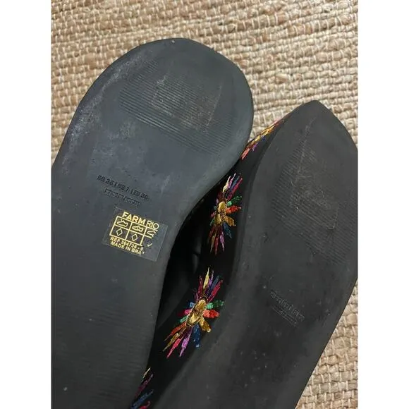 Farm Rio sz 7 Black Platform Mary Jane Ballerina Embroidered Chunky Heel Shoes