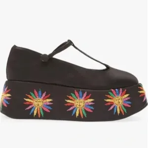 Farm Rio sz 7 Black Platform Mary Jane Ballerina Embroidered Chunky Heel Shoes
