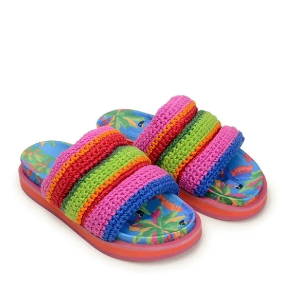 Farm Rio Womens Blue Macaw Crochet Anatomic Slide Sandals Made In Brazil Size 10