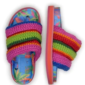 Farm Rio Womens Blue Macaw Crochet Anatomic Slide Sandals Made In Brazil Size 10