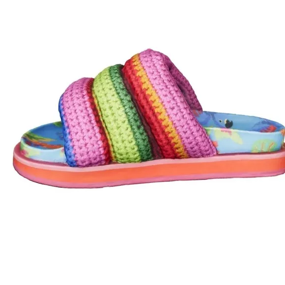 Farm Rio Womens Blue Macaw Crochet Anatomic Slide Sandals Made In Brazil Size 10