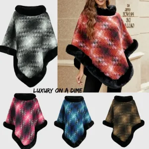 Faux Plush Fur Checker Ombre Glitch Oversized Pullover Sweater Jacket Poncho