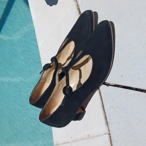 Ferragamo Vintage T-strap Suede Black Mary Janes With Mini Heel 7.5 M
