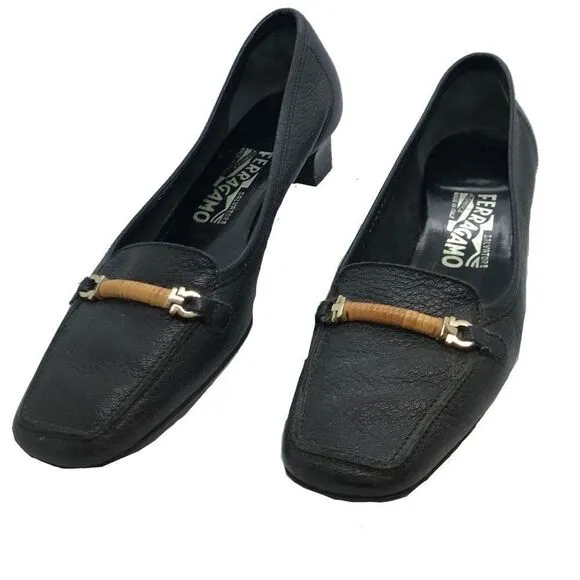 Ferragamo Black Pebbled Leather Pump Shoes 7B