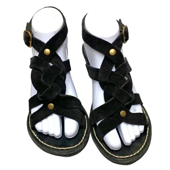 FIORENTINI‎   BAKER Black Suede Ankle Wrap Chunky Heel Sandals