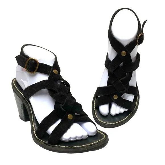 FIORENTINI‎   BAKER Black Suede Ankle Wrap Chunky Heel Sandals
