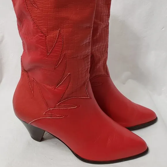 Flame Leather Cowboy Boots 7 7B Croc Embossed Red Fire Hero Heels Markon VTG 80s