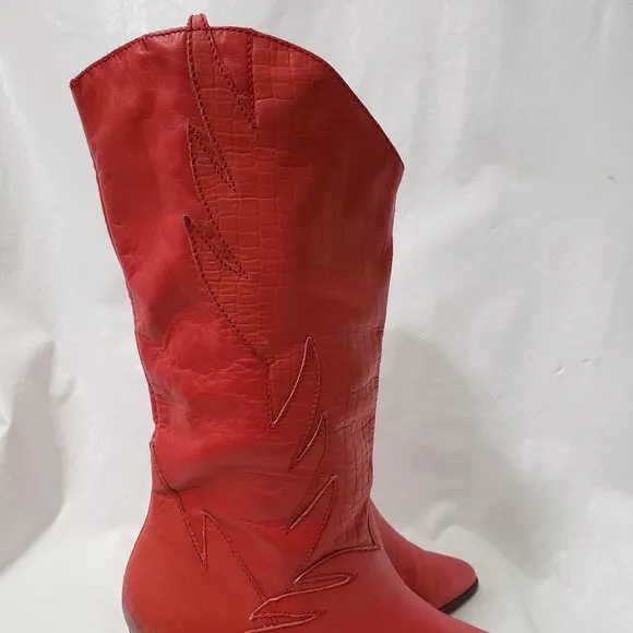 Flame Leather Cowboy Boots 7 7B Croc Embossed Red Fire Hero Heels Markon VTG 80s