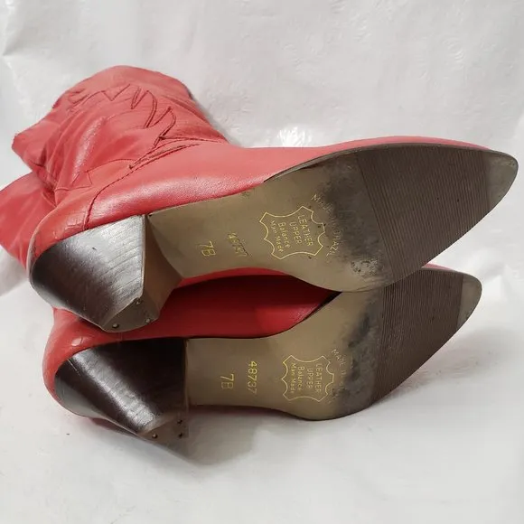 Flame Leather Cowboy Boots 7 7B Croc Embossed Red Fire Hero Heels Markon VTG 80s