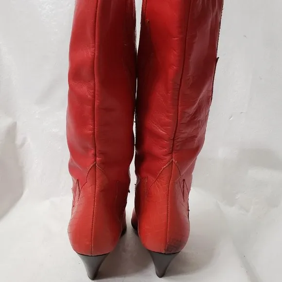 Flame Leather Cowboy Boots 7 7B Croc Embossed Red Fire Hero Heels Markon VTG 80s