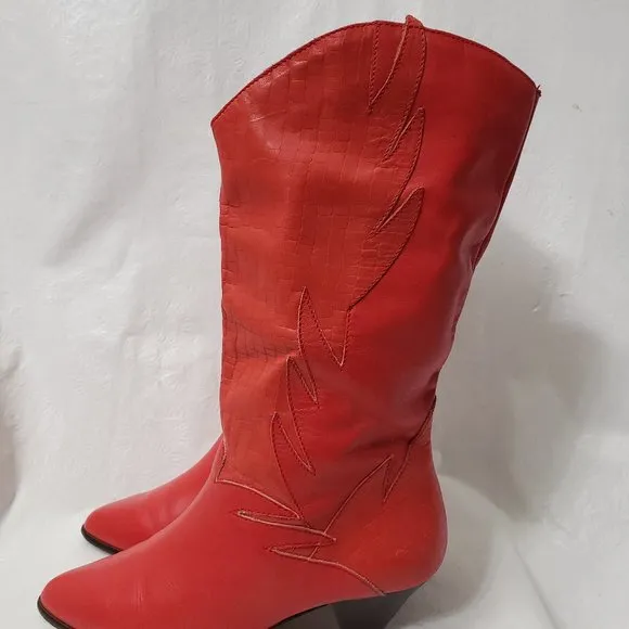 Flame Leather Cowboy Boots 7 7B Croc Embossed Red Fire Hero Heels Markon VTG 80s