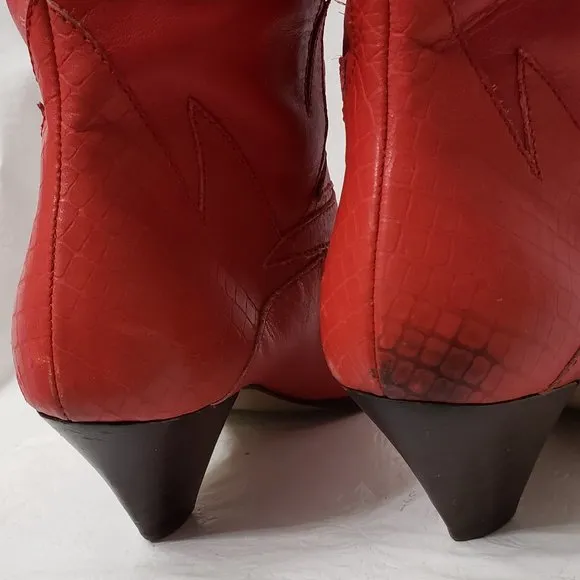 Flame Leather Cowboy Boots 7 7B Croc Embossed Red Fire Hero Heels Markon VTG 80s