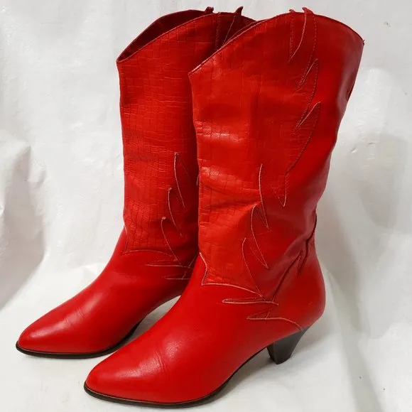 Flame Leather Cowboy Boots 7 7B Croc Embossed Red Fire Hero Heels Markon VTG 80s