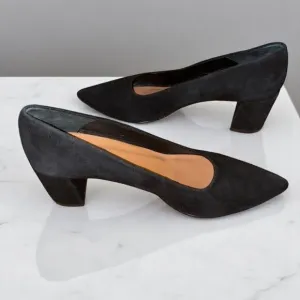 Flattered European Black Suede Pointed Block Heels Dress Shoes Size 41 EU
