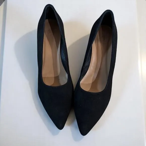 Flattered European Black Suede Pointed Block Heels Dress Shoes Size 41 EU