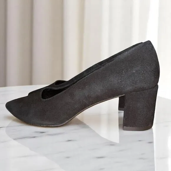 Flattered European Black Suede Pointed Block Heels Dress Shoes Size 41 EU