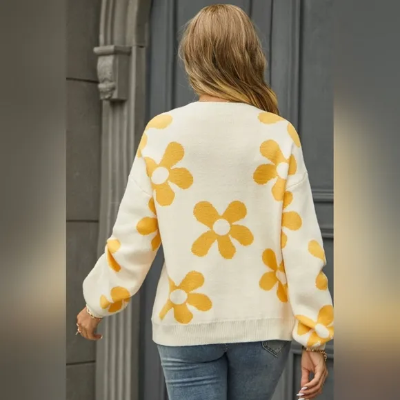 Flower Power Retro Floral Knit Round Neck Long Sleeve Oversized Pullover Sweater