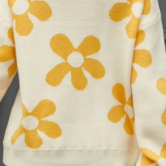Flower Power Retro Floral Knit Round Neck Long Sleeve Oversized Pullover Sweater