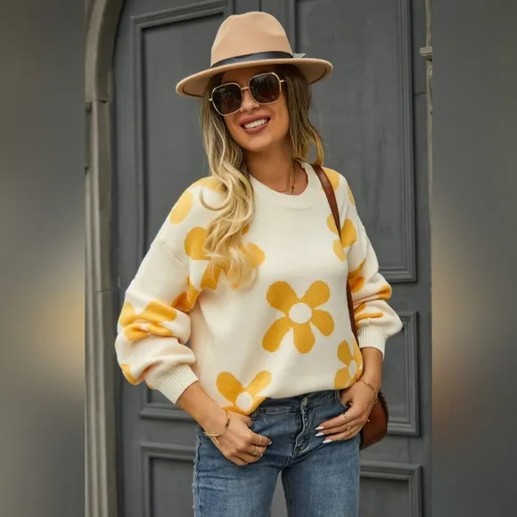 Flower Power Retro Floral Knit Round Neck Long Sleeve Oversized Pullover Sweater