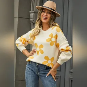 Flower Power Retro Floral Knit Round Neck Long Sleeve Oversized Pullover Sweater