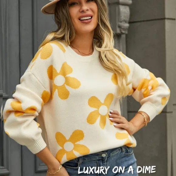 Flower Power Retro Floral Knit Round Neck Long Sleeve Oversized Pullover Sweater