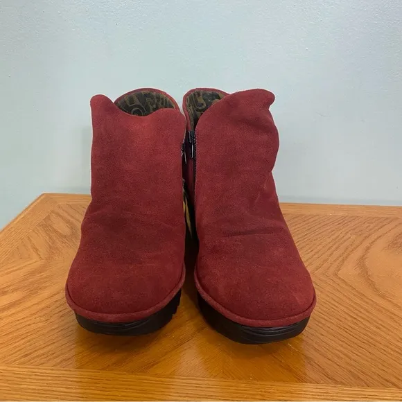 Fly London Yamy Wedge Zip Up Suede Leather Red Size 10 Ankle Booties‎