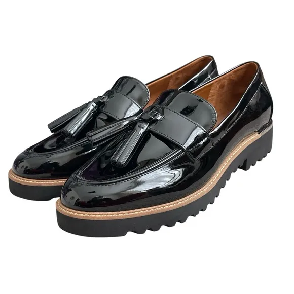 Franco Sarto Tassel Loafers Shoes Women’s Size 9W Chunky Platform Black Patent