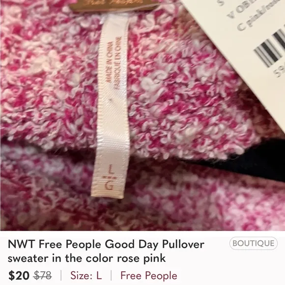 FREE PEOPLE BFF Scoop Neck Sweater in Pink Rose Size Large NWT