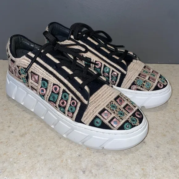 Free People Catch Me if You Can Crochet Sneakers Tan Black Mirror Combo Boho