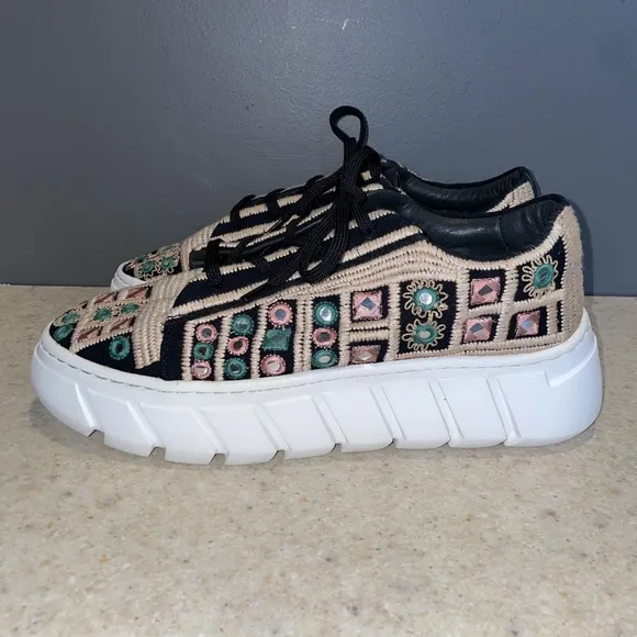 Free People Catch Me if You Can Crochet Sneakers Tan Black Mirror Combo Boho