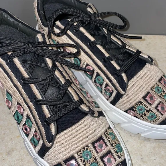 Free People Catch Me if You Can Crochet Sneakers Tan Black Mirror Combo Boho