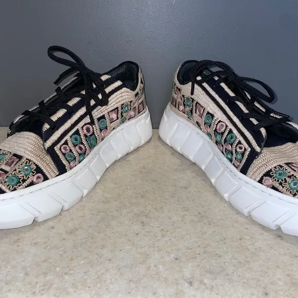 Free People Catch Me if You Can Crochet Sneakers Tan Black Mirror Combo Boho