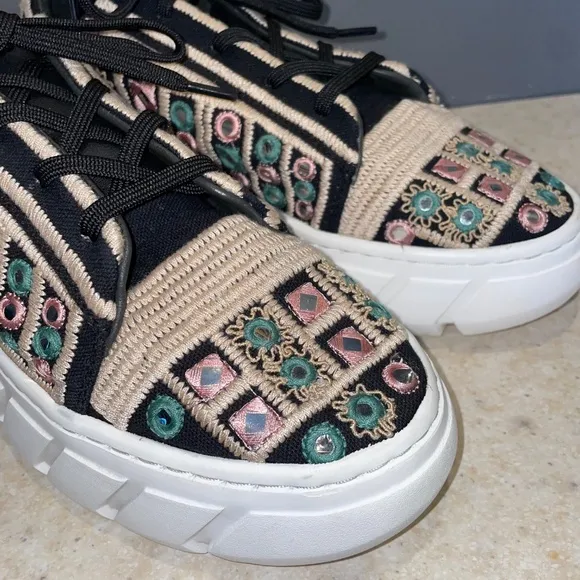 Free People Catch Me if You Can Crochet Sneakers Tan Black Mirror Combo Boho