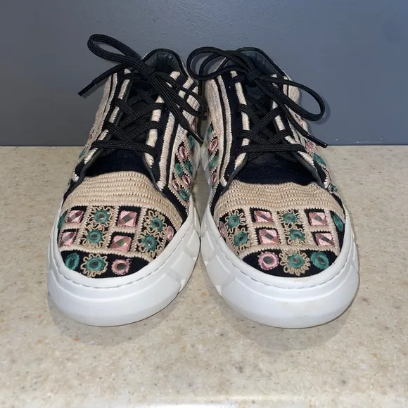 Free People Catch Me if You Can Crochet Sneakers Tan Black Mirror Combo Boho