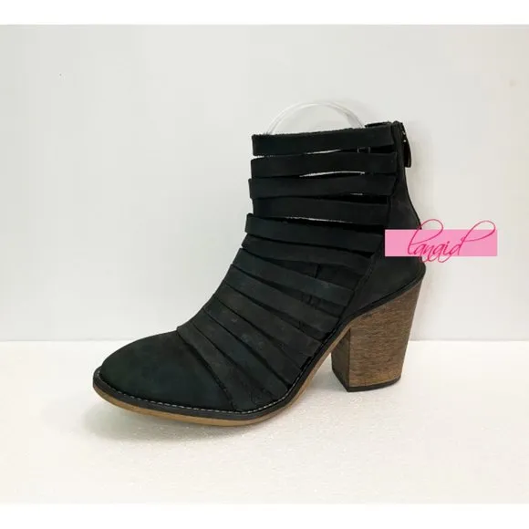 Free People Hybrid Heel Boots Black Leather Destroyed Strappy Edgy Ankle Booties