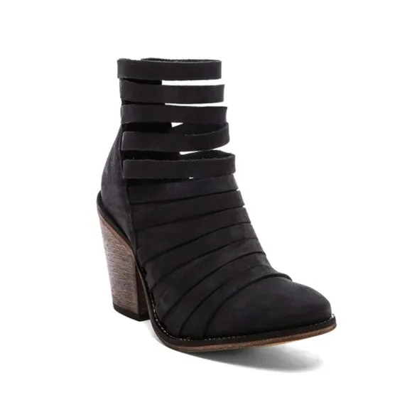 Free People Hybrid Heel Boots Black Leather Destroyed Strappy Edgy Ankle Booties