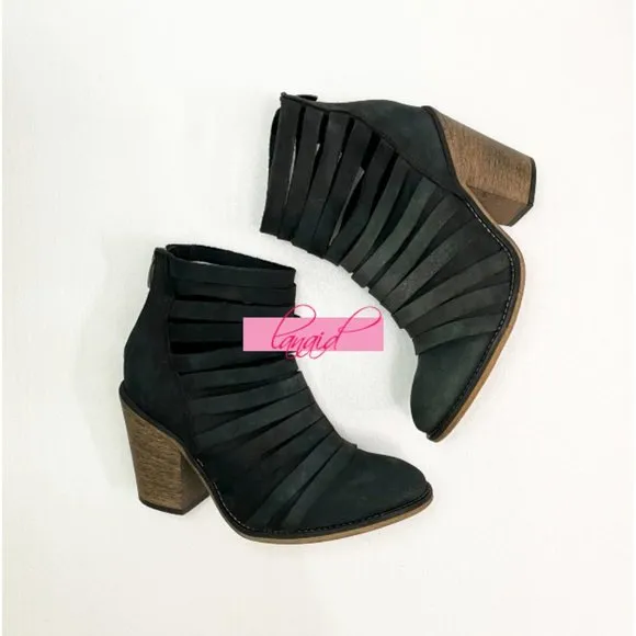 Free People Hybrid Heel Boots Black Leather Destroyed Strappy Edgy Ankle Booties